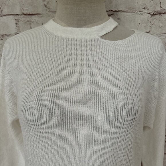 Halogen Ivory Crewneck Pullover Knit Sweater Cutout Neck 3/4 Sleeve  Size XS NEW - Picture 2 of 4
